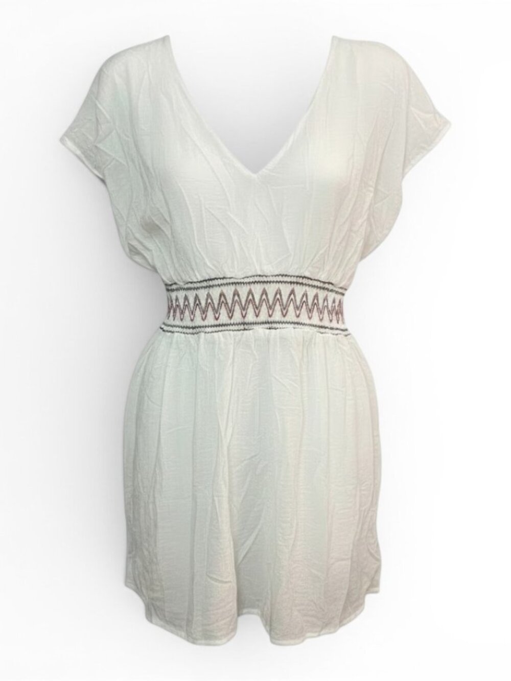 Cupshe White V-Neck Elastic Waist Swim Coverup with Zigzag Trim